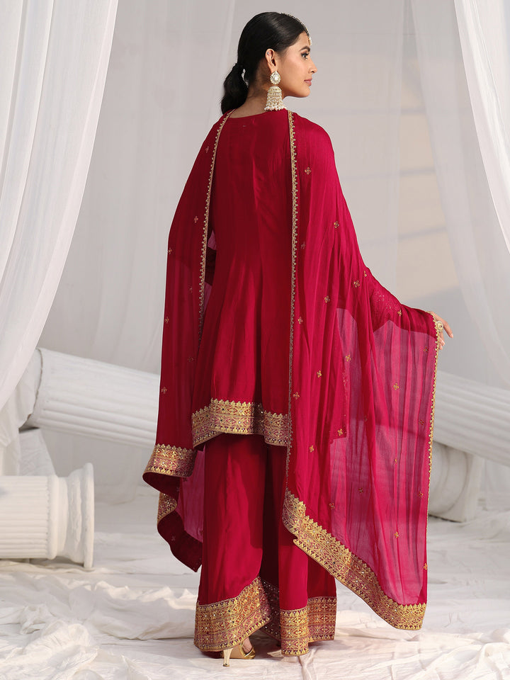 Libas Art Red Floral Embellished Chinon A Line Palazzo Suit Set