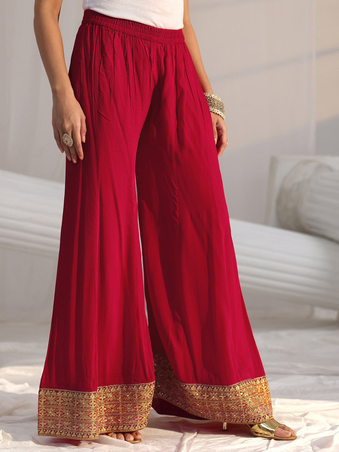 Libas Art Red Floral Embellished Chinon A Line Palazzo Suit Set