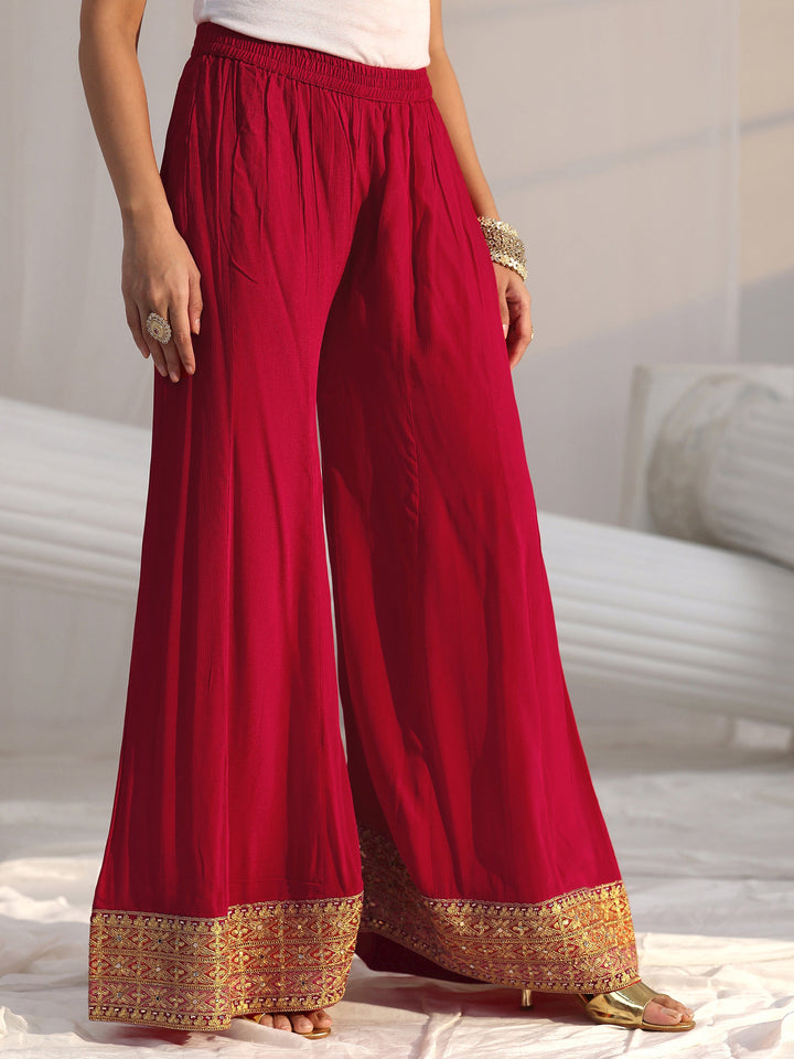 Libas Art Red Floral Embellished Chinon A Line Palazzo Suit Set