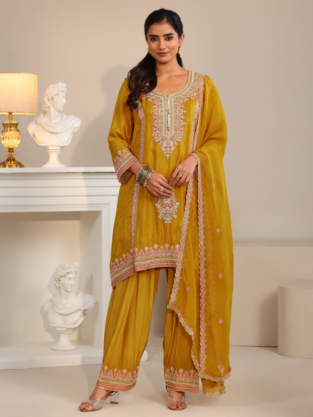 Libas Art Mustard Floral Embellished Organza Straight Suit Set