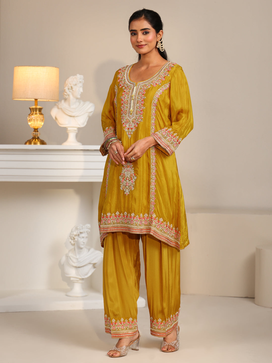 Libas Art Mustard Floral Embellished Organza Straight Suit Set