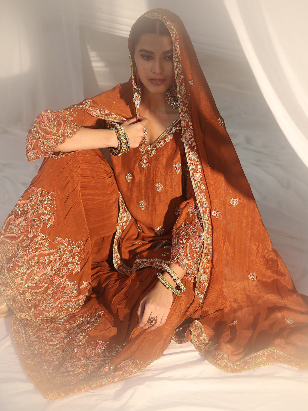Libas Art Rust Brown Floral Embroidered Chinon Sharara Suit Set