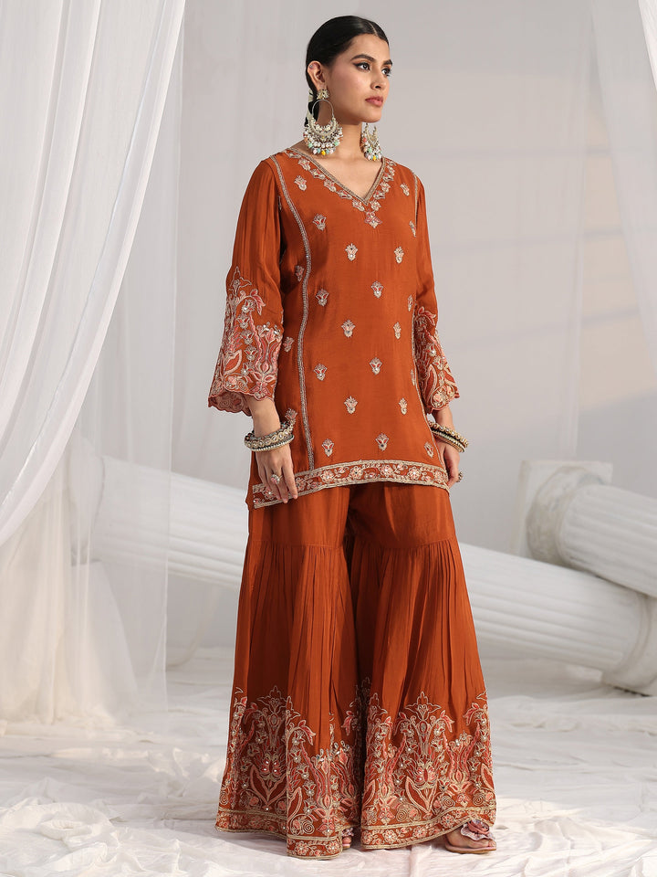 Libas Art Rust Brown Floral Embroidered Chinon Sharara Suit Set