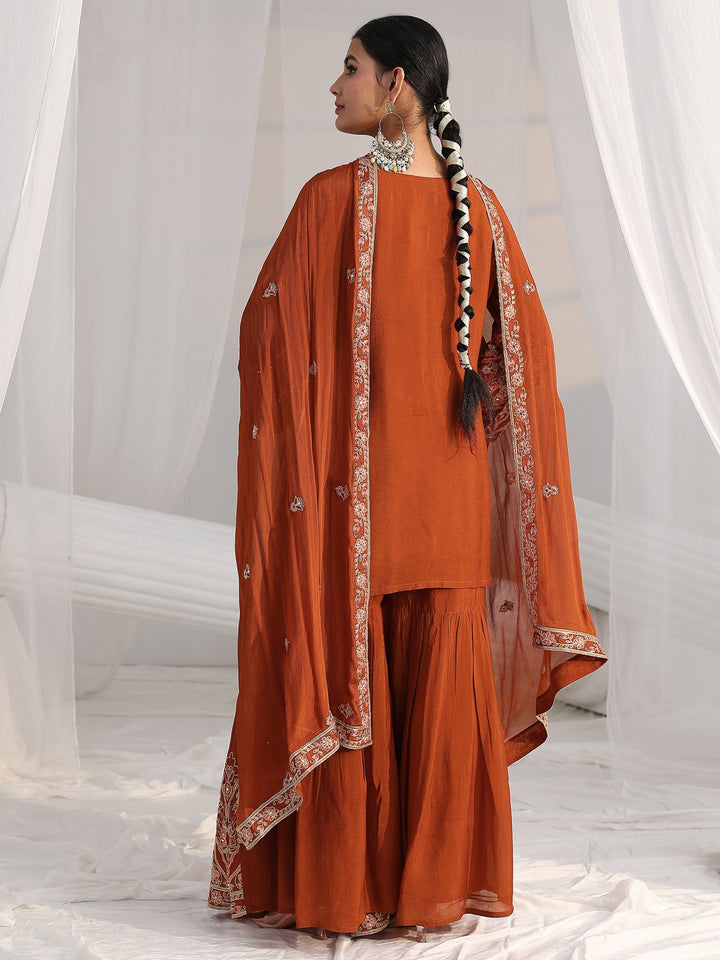 Libas Art Rust Brown Floral Embroidered Chinon Sharara Suit Set