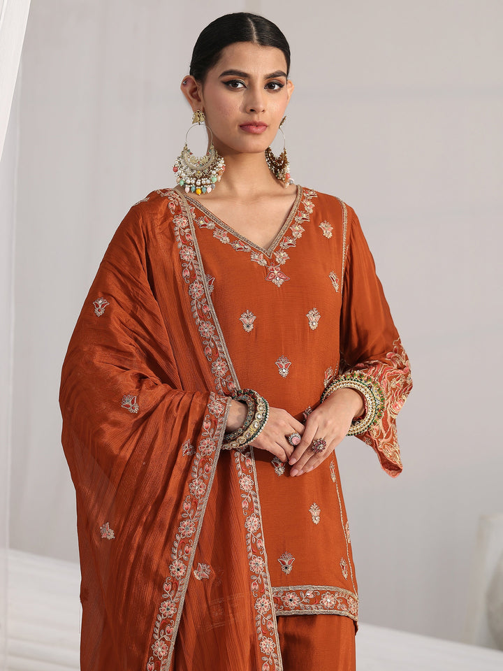 Libas Art Rust Brown Floral Embroidered Chinon Sharara Suit Set