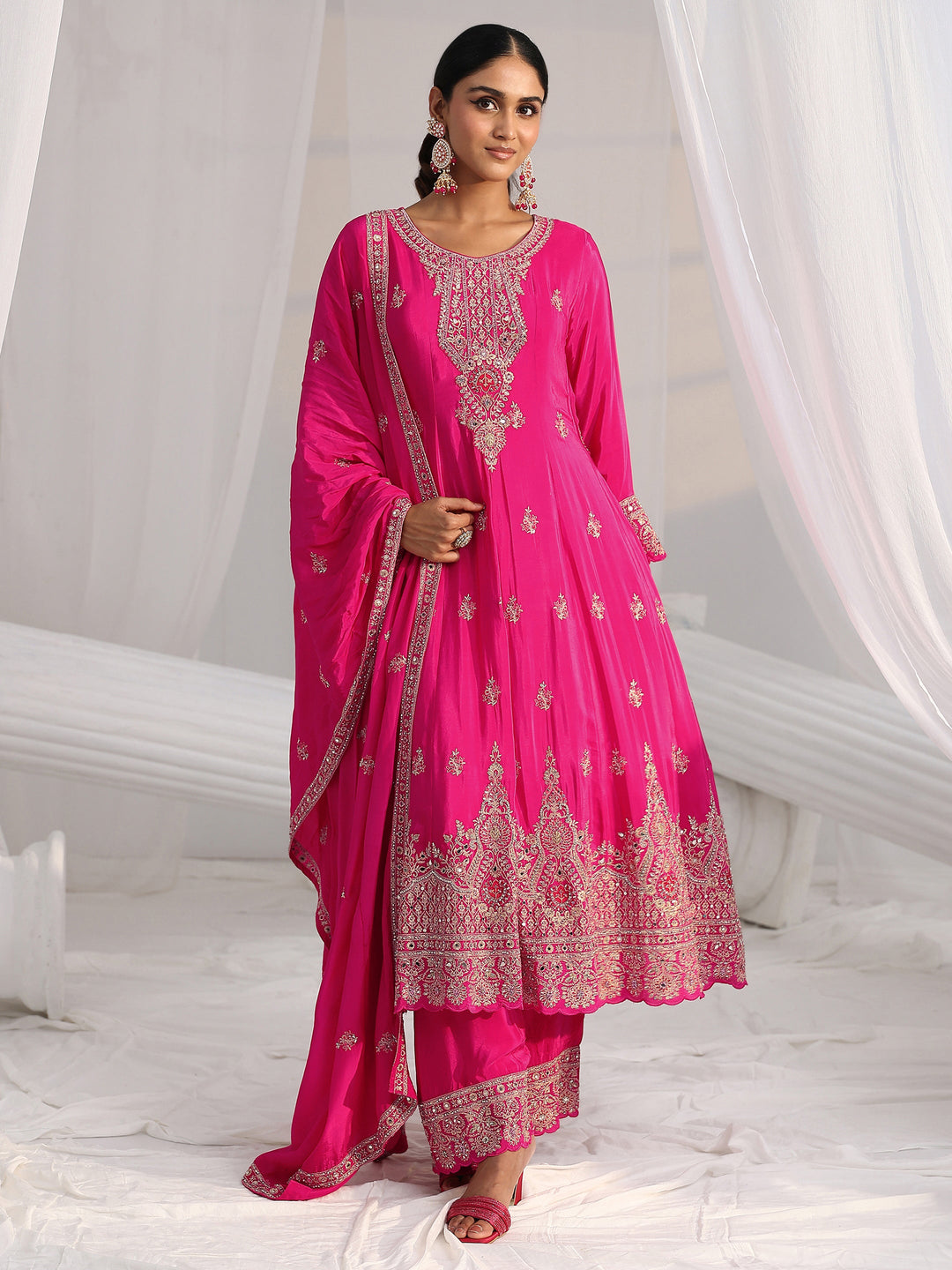 Libas Art Hot Pink Embellished Crepe A Line Suit Set