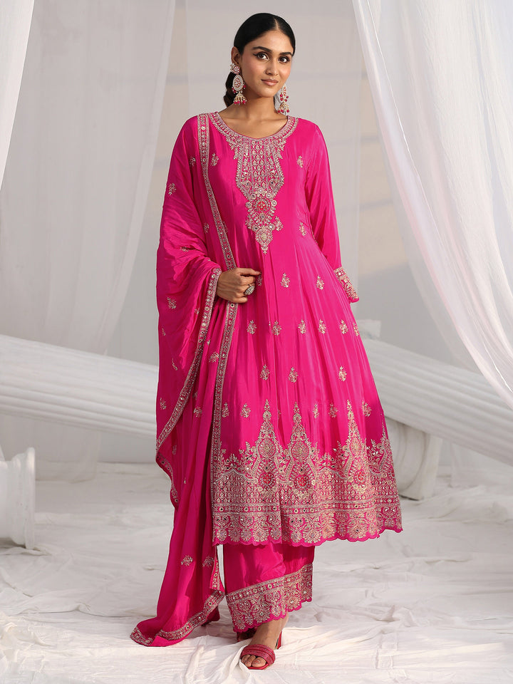 Libas Art Hot Pink Embellished Crepe A Line Suit Set