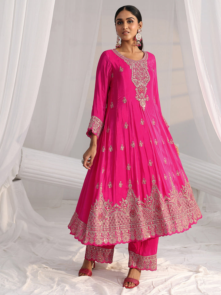 Libas Art Hot Pink Embellished Crepe A Line Suit Set