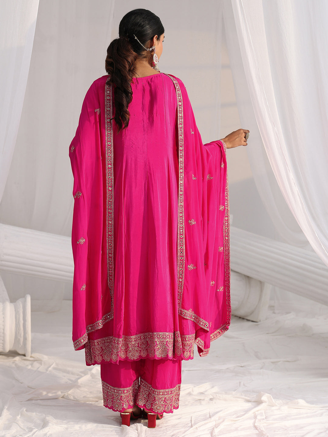 Libas Art Hot Pink Embellished Crepe A Line Suit Set