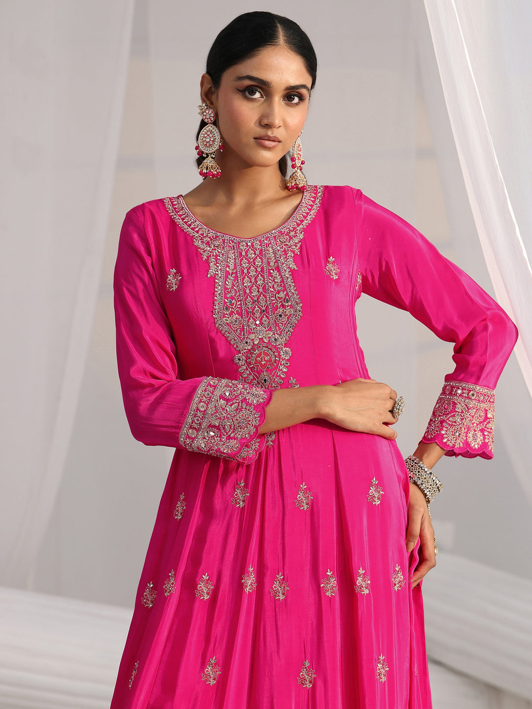 Libas Art Hot Pink Embellished Crepe A Line Suit Set