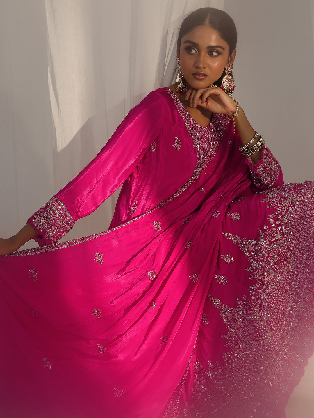 Libas Art Hot Pink Embellished Crepe A Line Suit Set