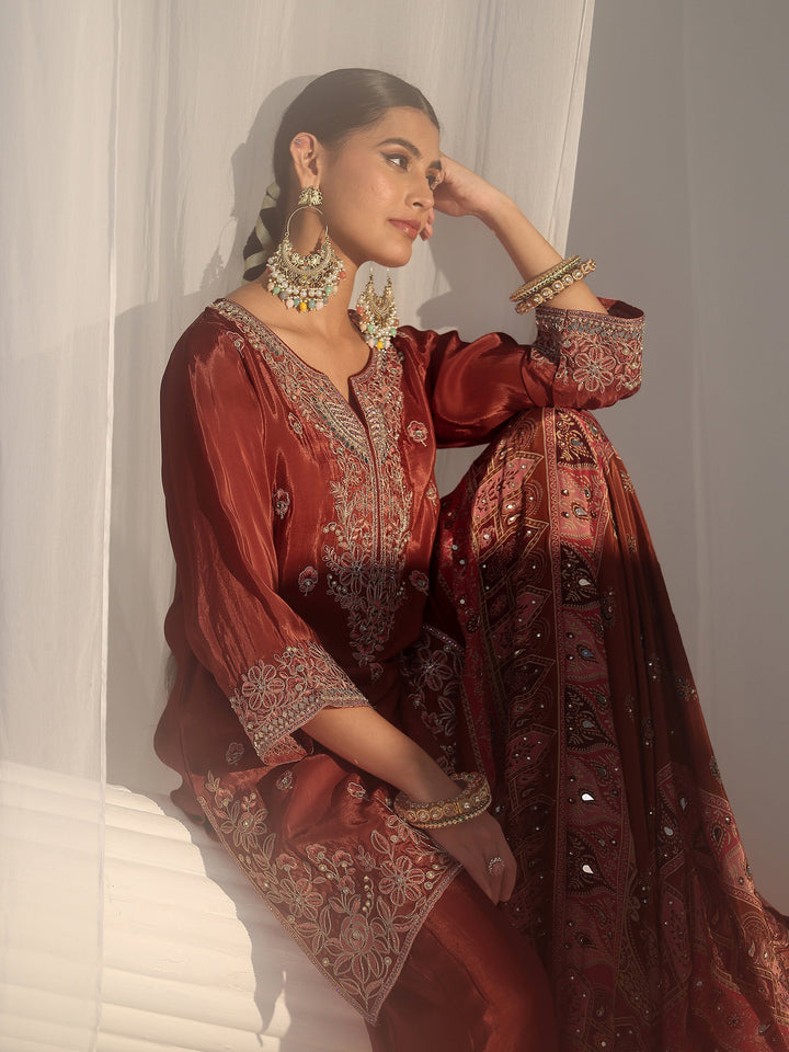 Libas Art Rust Brown Floral Embroidered Crepe Palazzo Suit Set