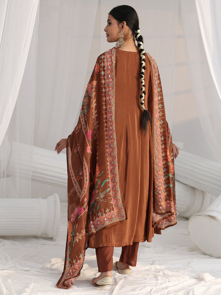 Libas Art Brown Floral Embellished Crepe Anarkali Suit Set