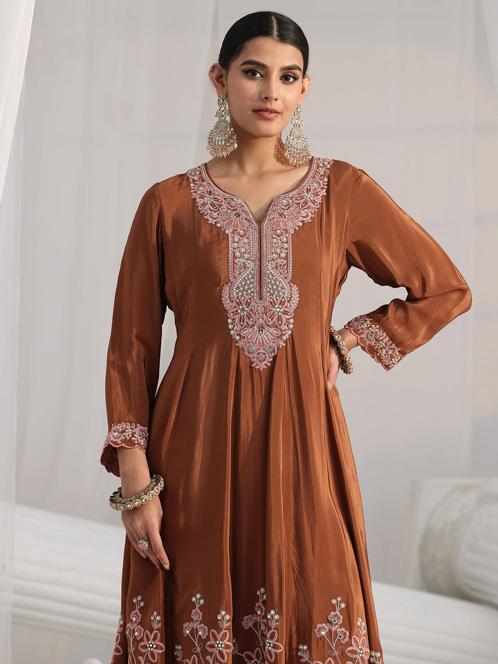 Libas Art Brown Floral Embellished Crepe Anarkali Suit Set