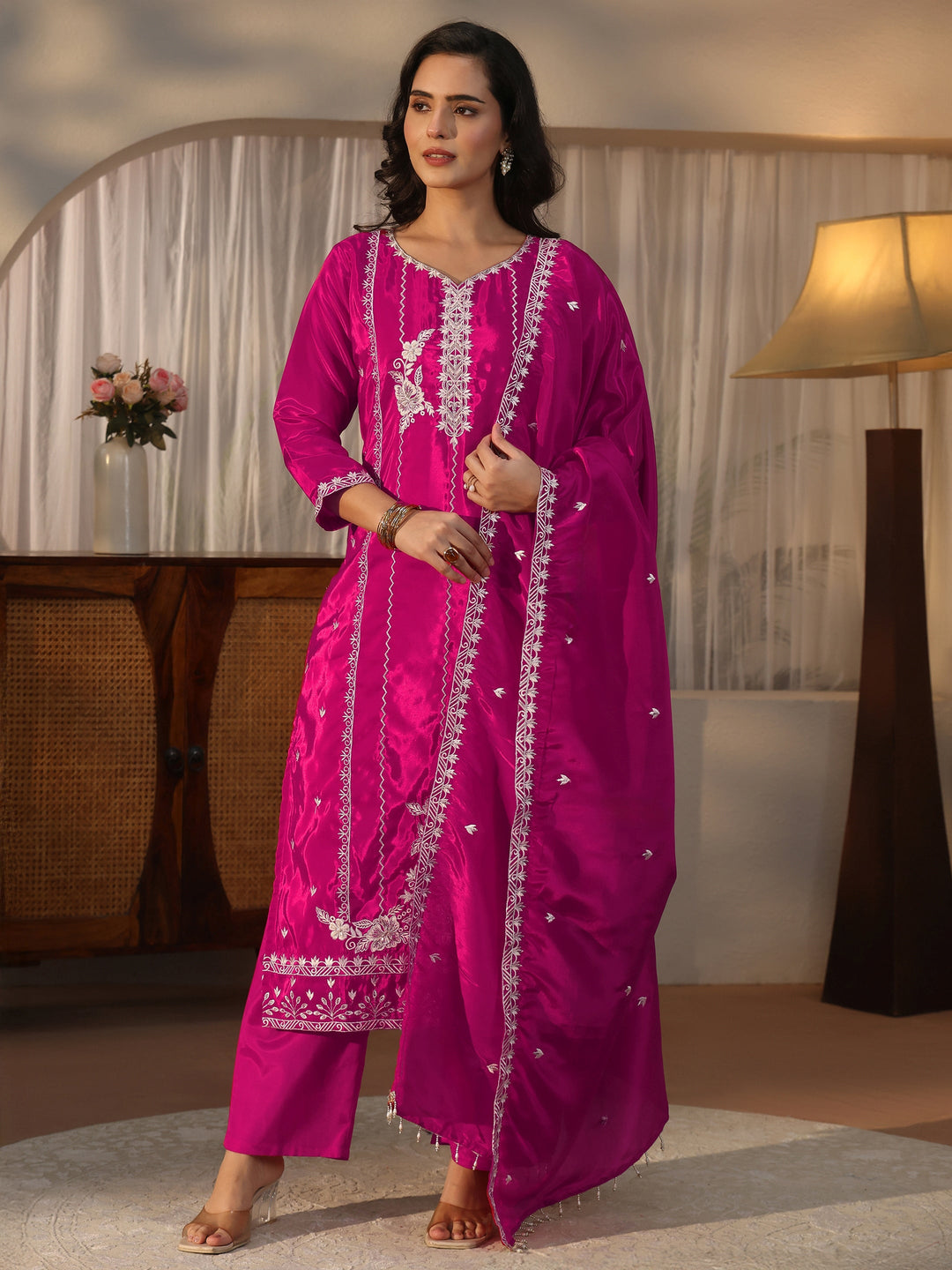 Libas Pink Floral Embroidered Crepe Straight Suit Set