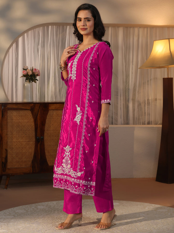 Libas Pink Floral Embroidered Crepe Straight Suit Set