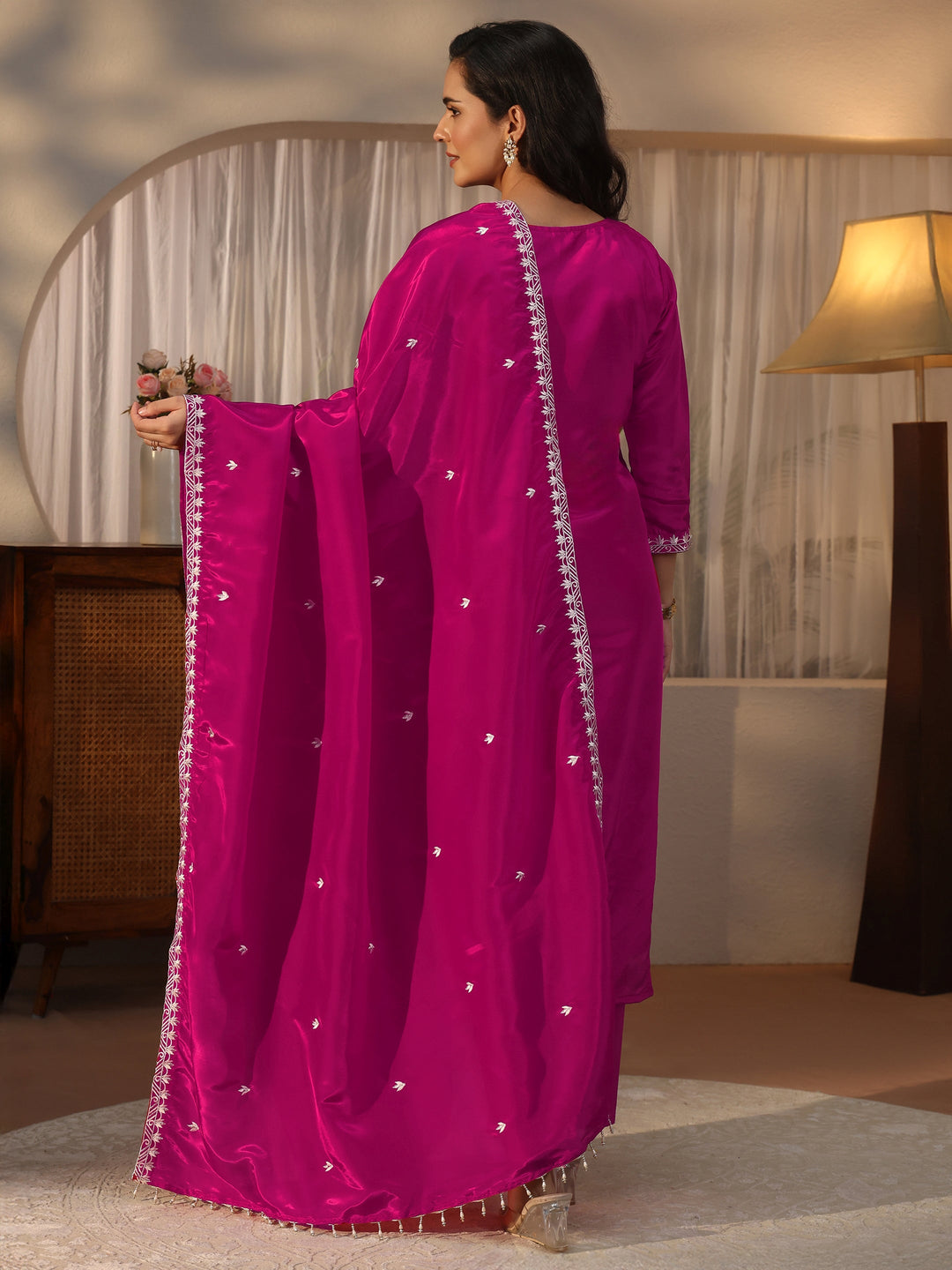 Libas Pink Floral Embroidered Crepe Straight Suit Set