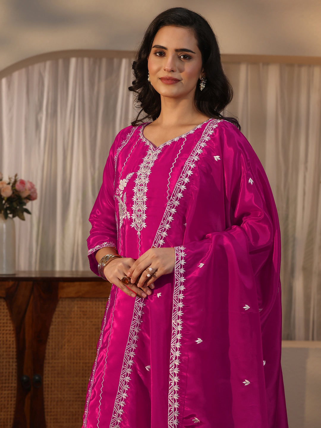 Libas Pink Floral Embroidered Crepe Straight Suit Set