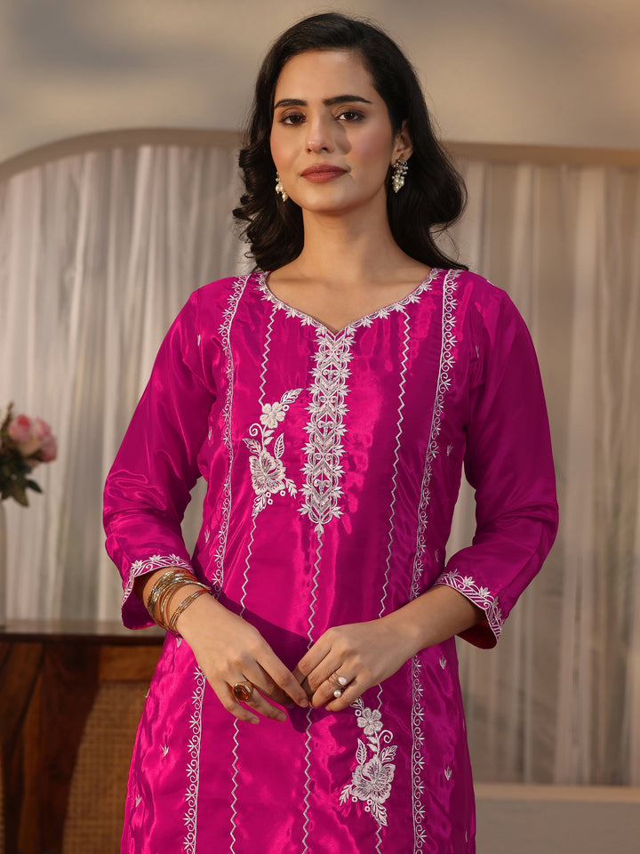 Libas Pink Floral Embroidered Crepe Straight Suit Set