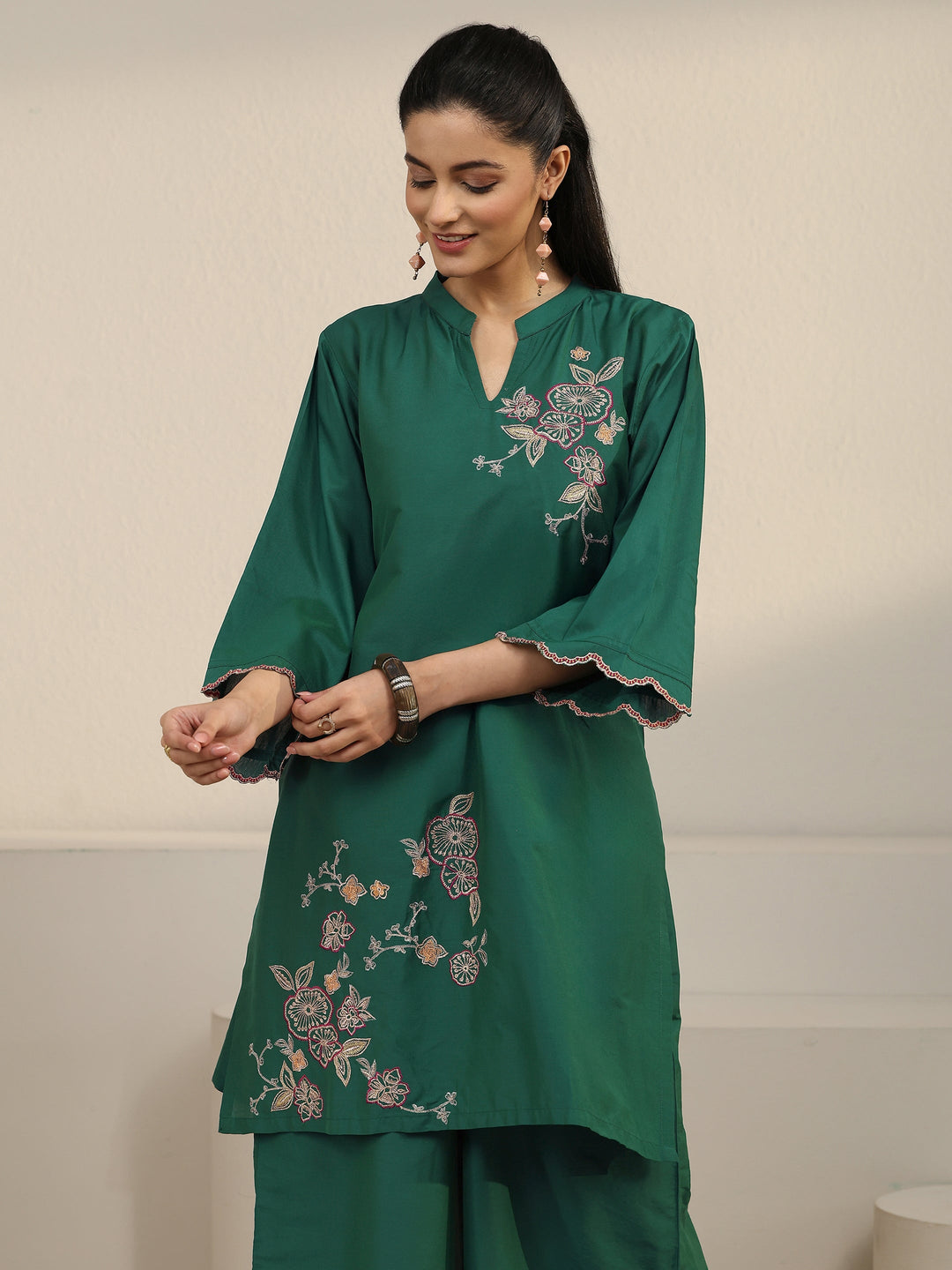 Libas Green Floral Embroidered Silk Blend Co-ord Set