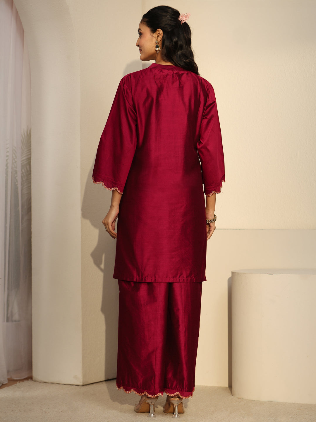 Libas Crimson Red Floral Embroidered Silk Blend Co-Ord Set