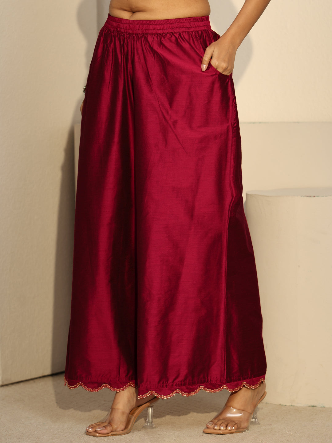 Libas Crimson Red Floral Embroidered Silk Blend Co-Ord Set