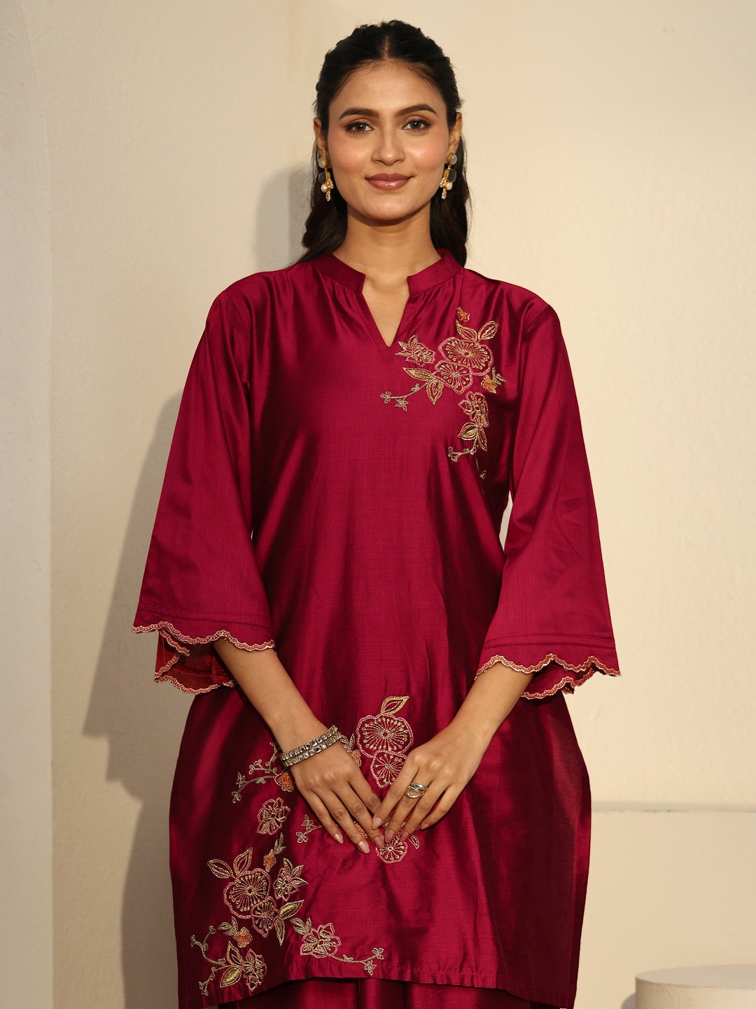 Libas Crimson Red Floral Embroidered Silk Blend Co-Ord Set
