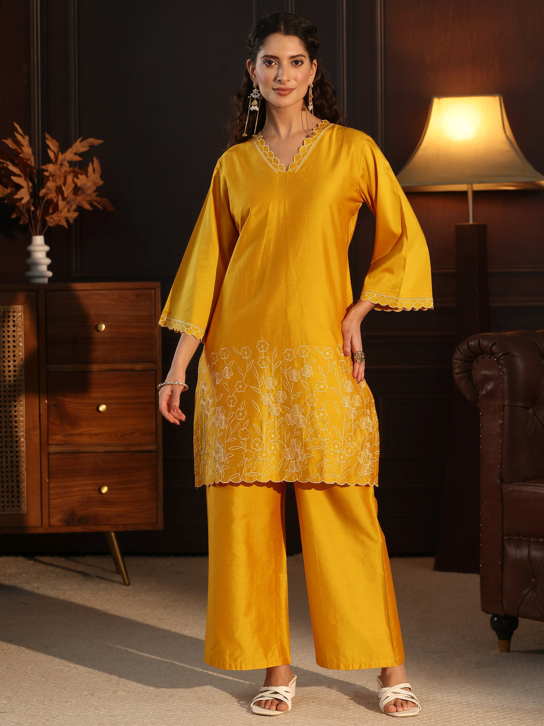 Libas Mustard Floral Embroidered Silk Blend Co-Ord Set