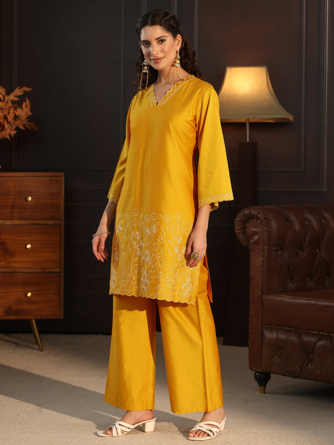 Libas Mustard Floral Embroidered Silk Blend Co-Ord Set