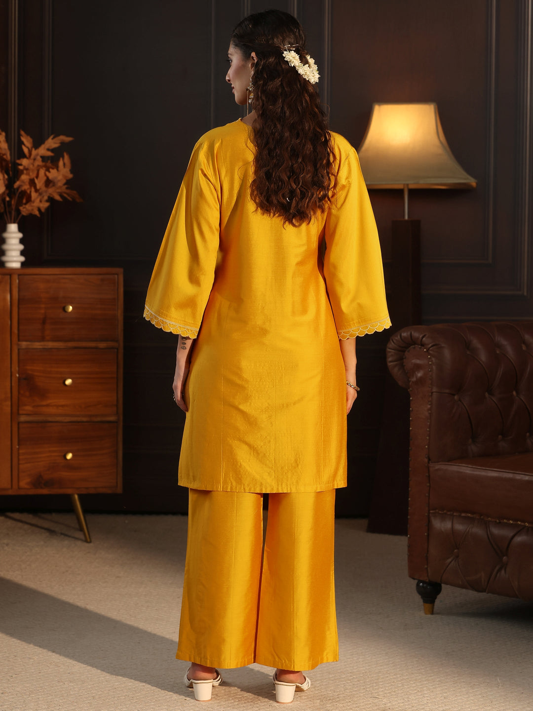 Libas Mustard Floral Embroidered Silk Blend Co-Ord Set