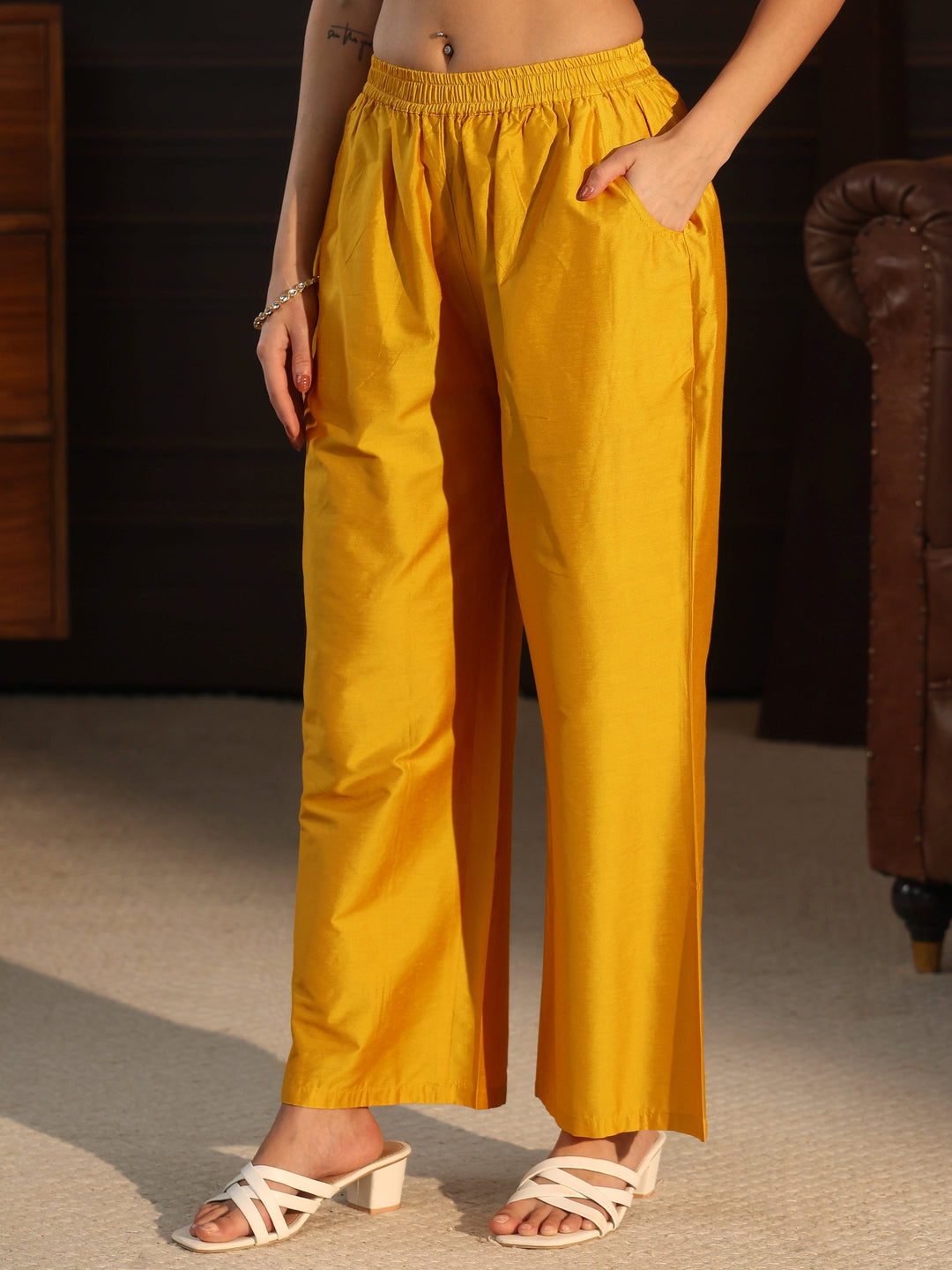 Libas Mustard Floral Embroidered Silk Blend Co-Ord Set