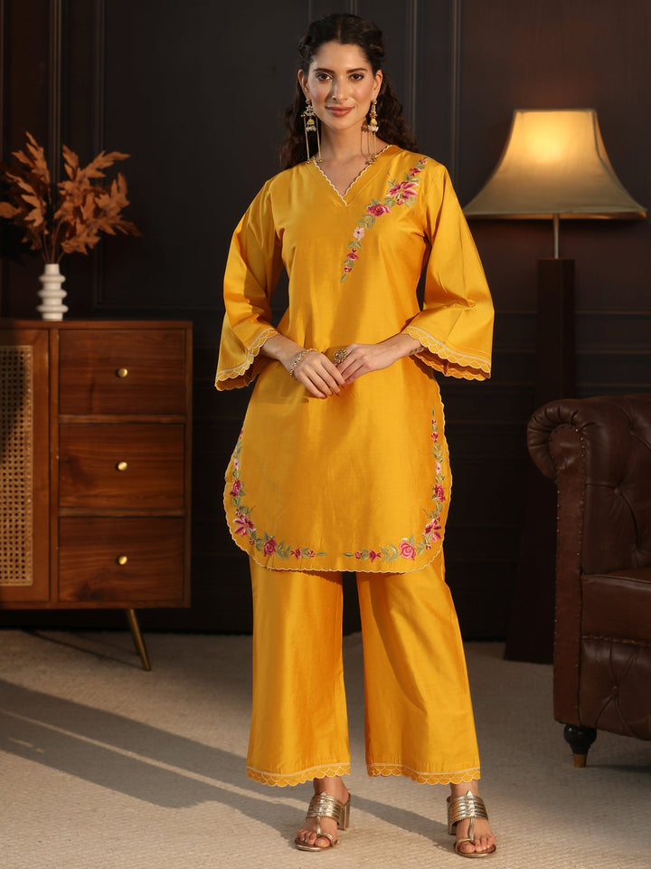 Libas Mustard Floral Embroidered Silk Blend Co-Ord Set