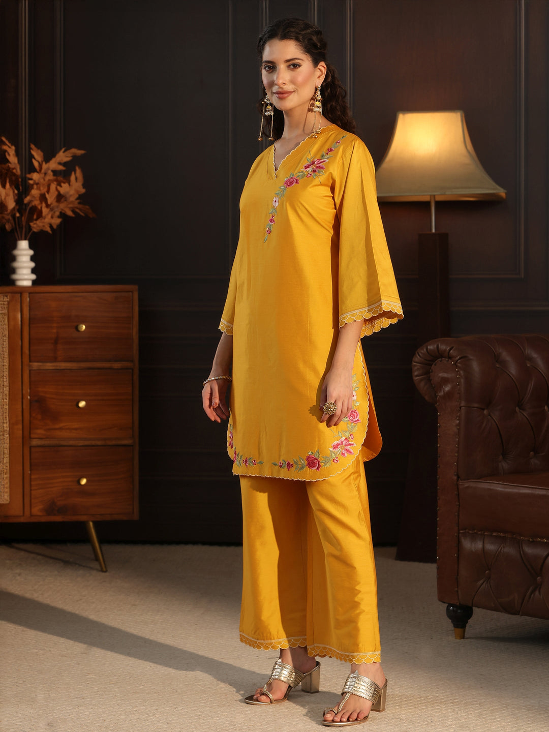 Libas Mustard Floral Embroidered Silk Blend Co-Ord Set