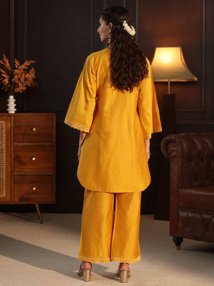 Libas Mustard Floral Embroidered Silk Blend Co-Ord Set