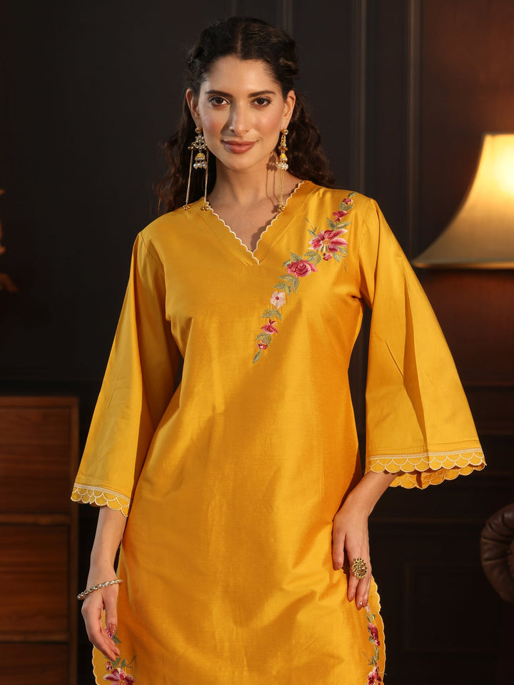Libas Mustard Floral Embroidered Silk Blend Co-Ord Set