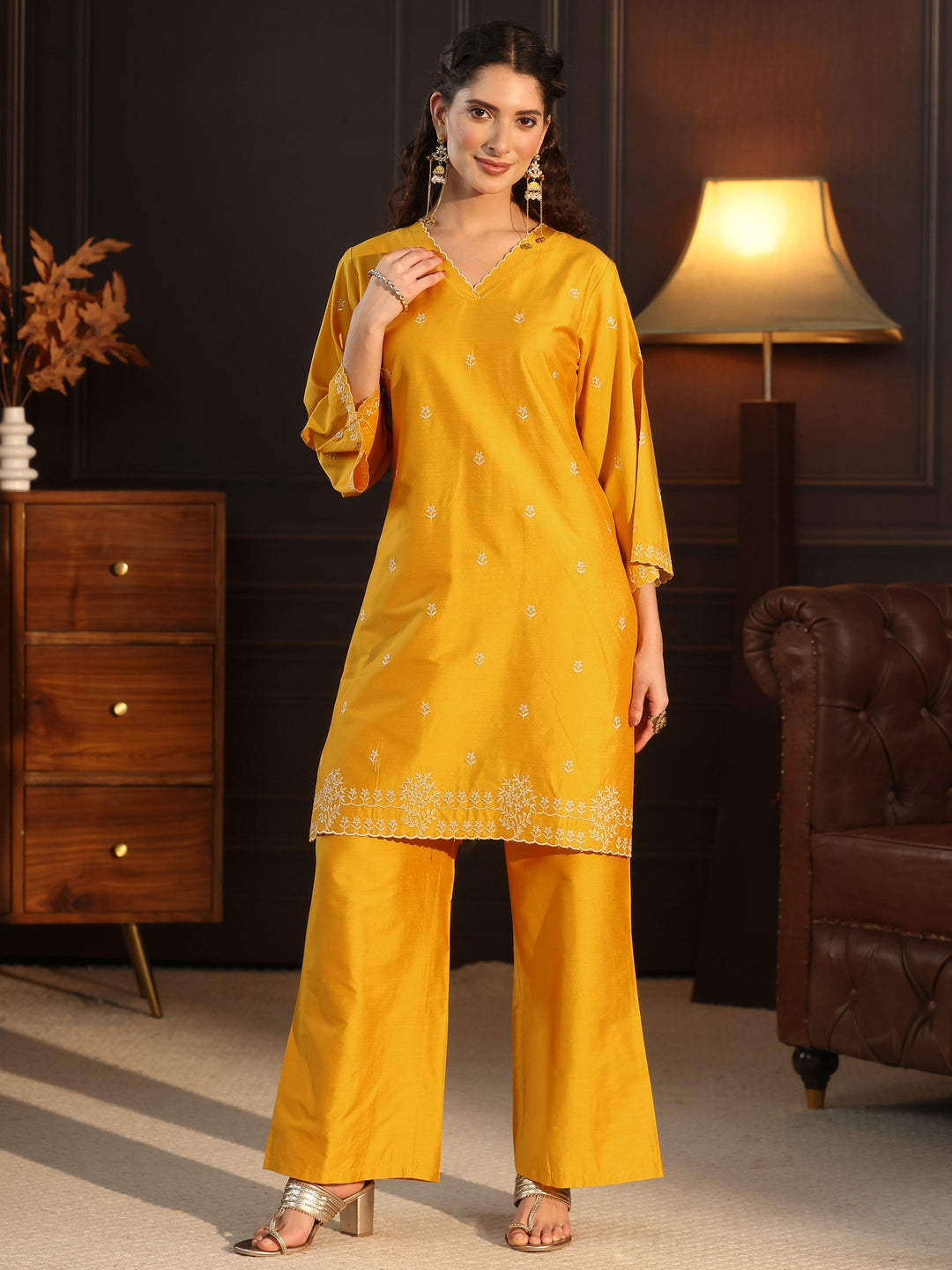 Libas Mustard Floral Embroidered Silk Blend Co-Ord Set