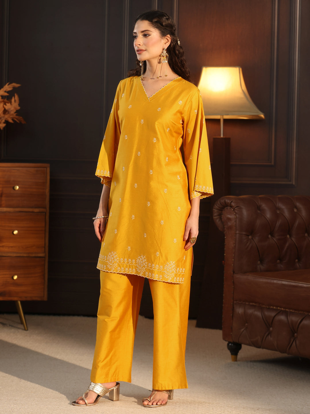 Libas Mustard Floral Embroidered Silk Blend Co-Ord Set