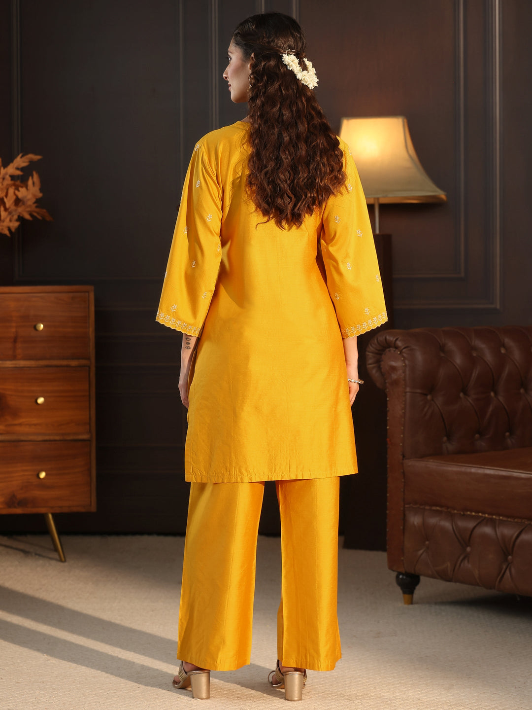 Libas Mustard Floral Embroidered Silk Blend Co-Ord Set