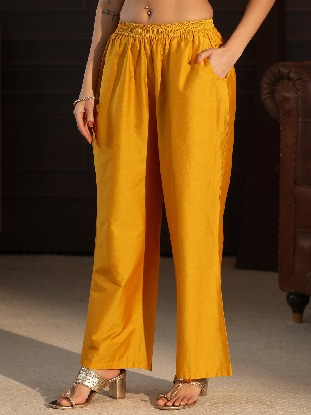 Libas Mustard Floral Embroidered Silk Blend Co-Ord Set