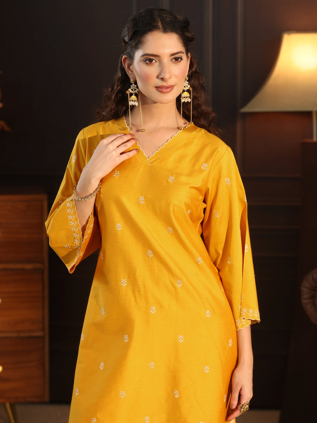 Libas Mustard Floral Embroidered Silk Blend Co-Ord Set