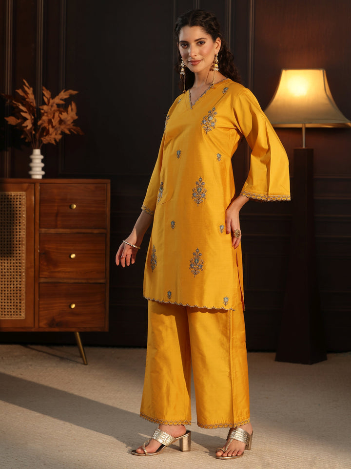 Libas Mustard Floral Embroidered Silk Blend Co-Ord Set