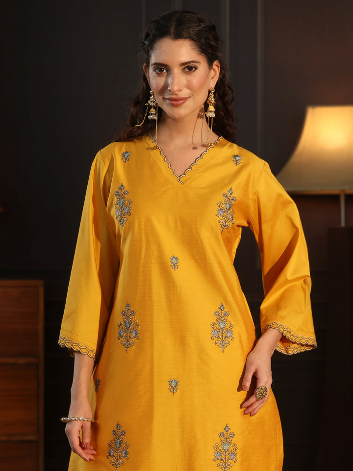 Libas Mustard Floral Embroidered Silk Blend Co-Ord Set