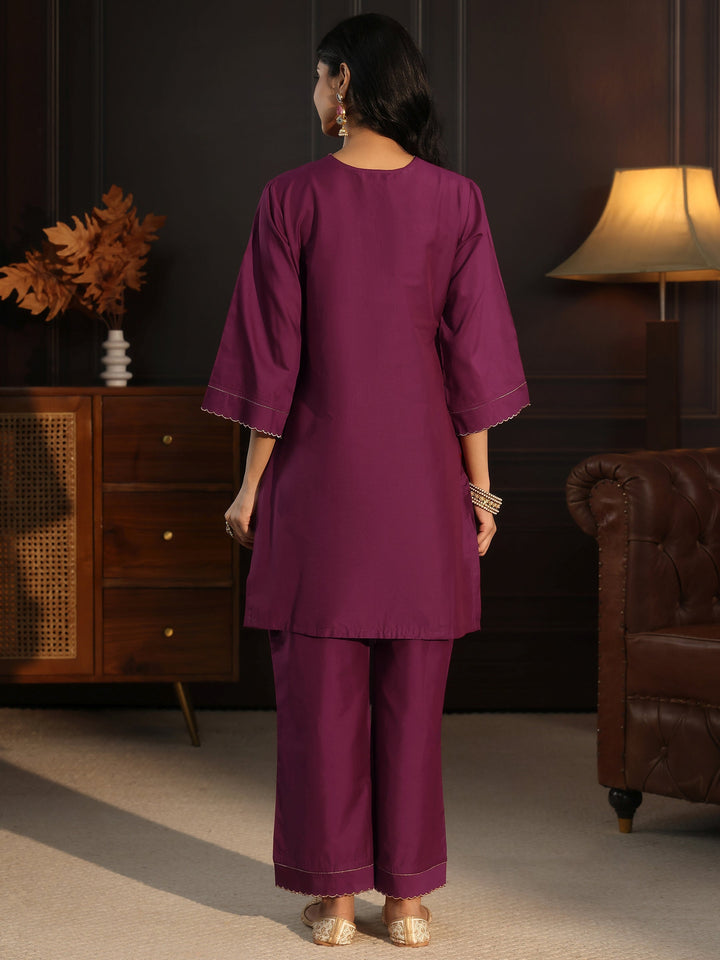 Libas Burgundy Paisley Embroidered Silk Blend Co-Ord Set