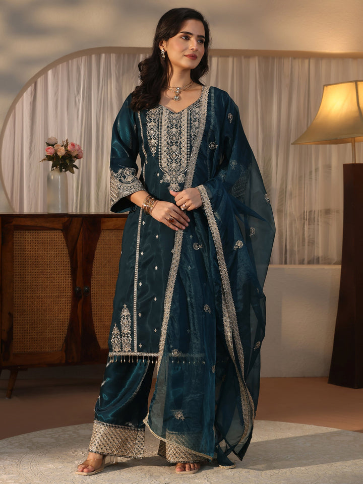 Libas Art Teal Blue Embroidered Crepe Palazzo Suit Set