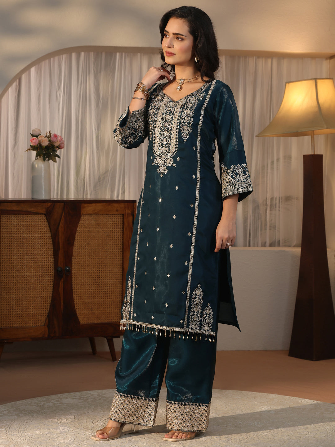 Libas Art Teal Blue Embroidered Crepe Palazzo Suit Set