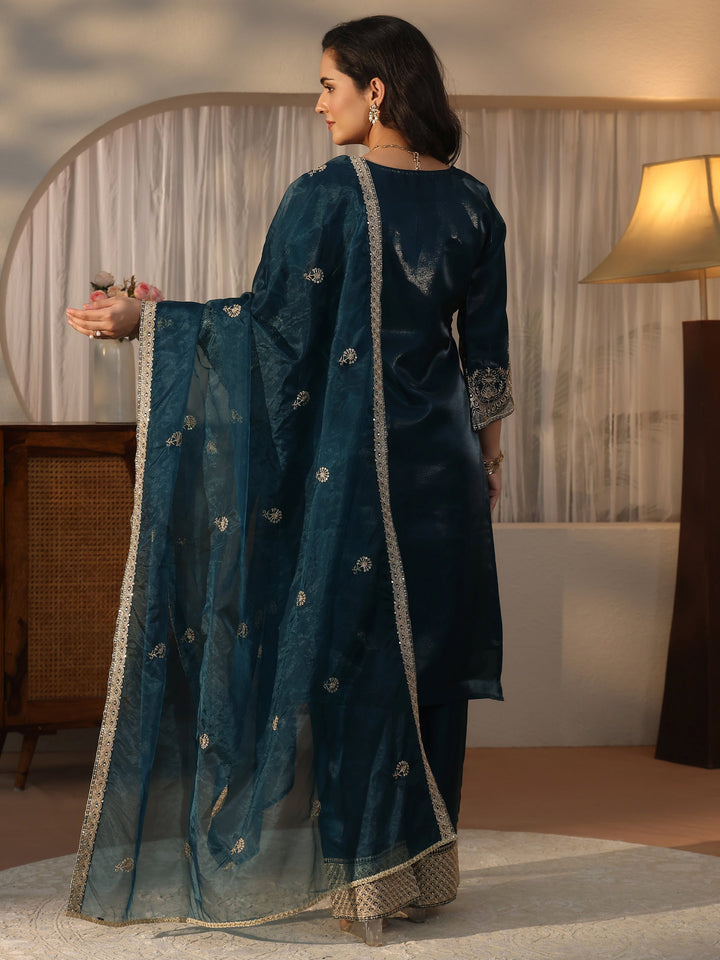 Libas Art Teal Blue Embroidered Crepe Palazzo Suit Set