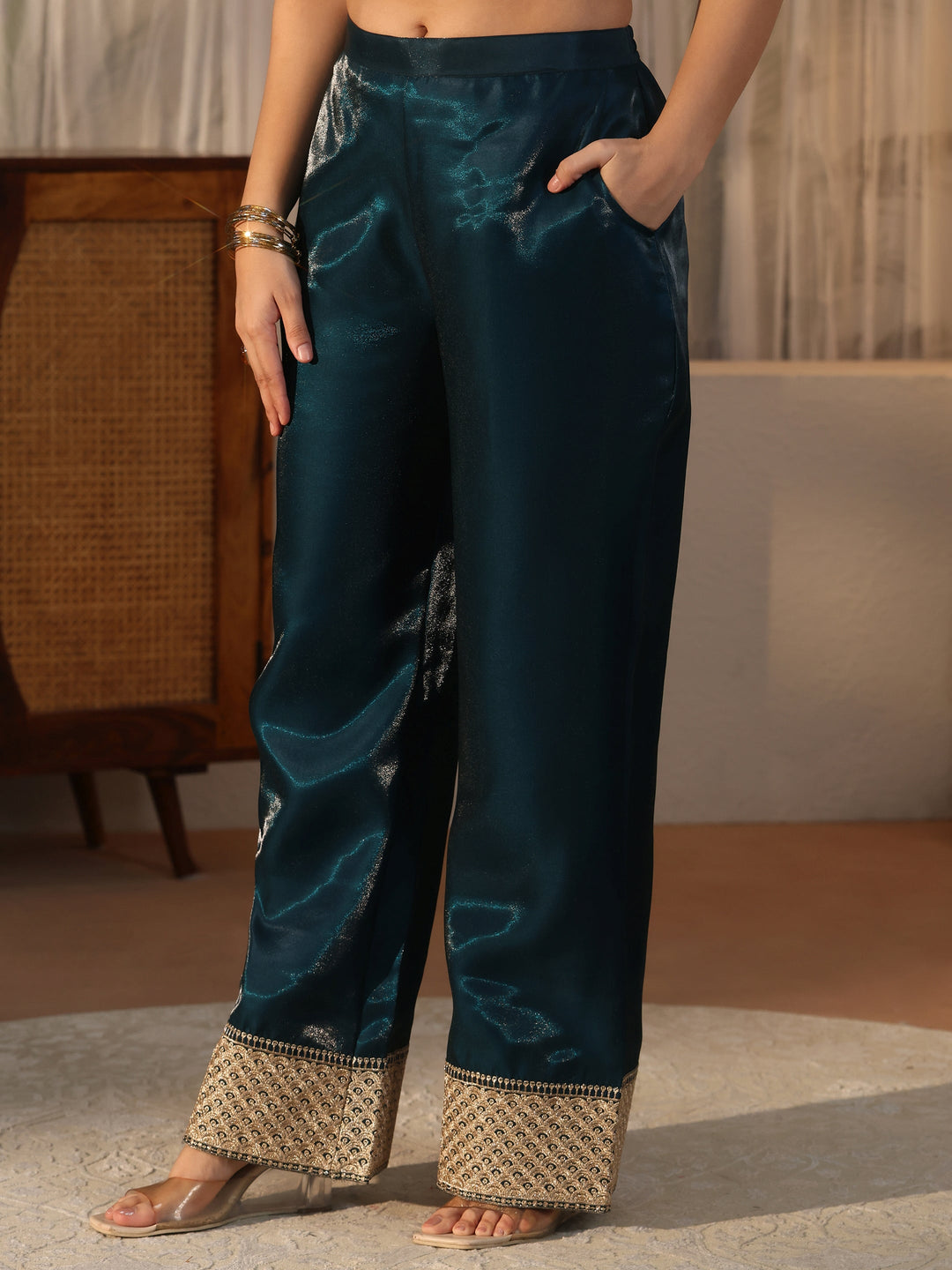 Libas Art Teal Blue Embroidered Crepe Palazzo Suit Set