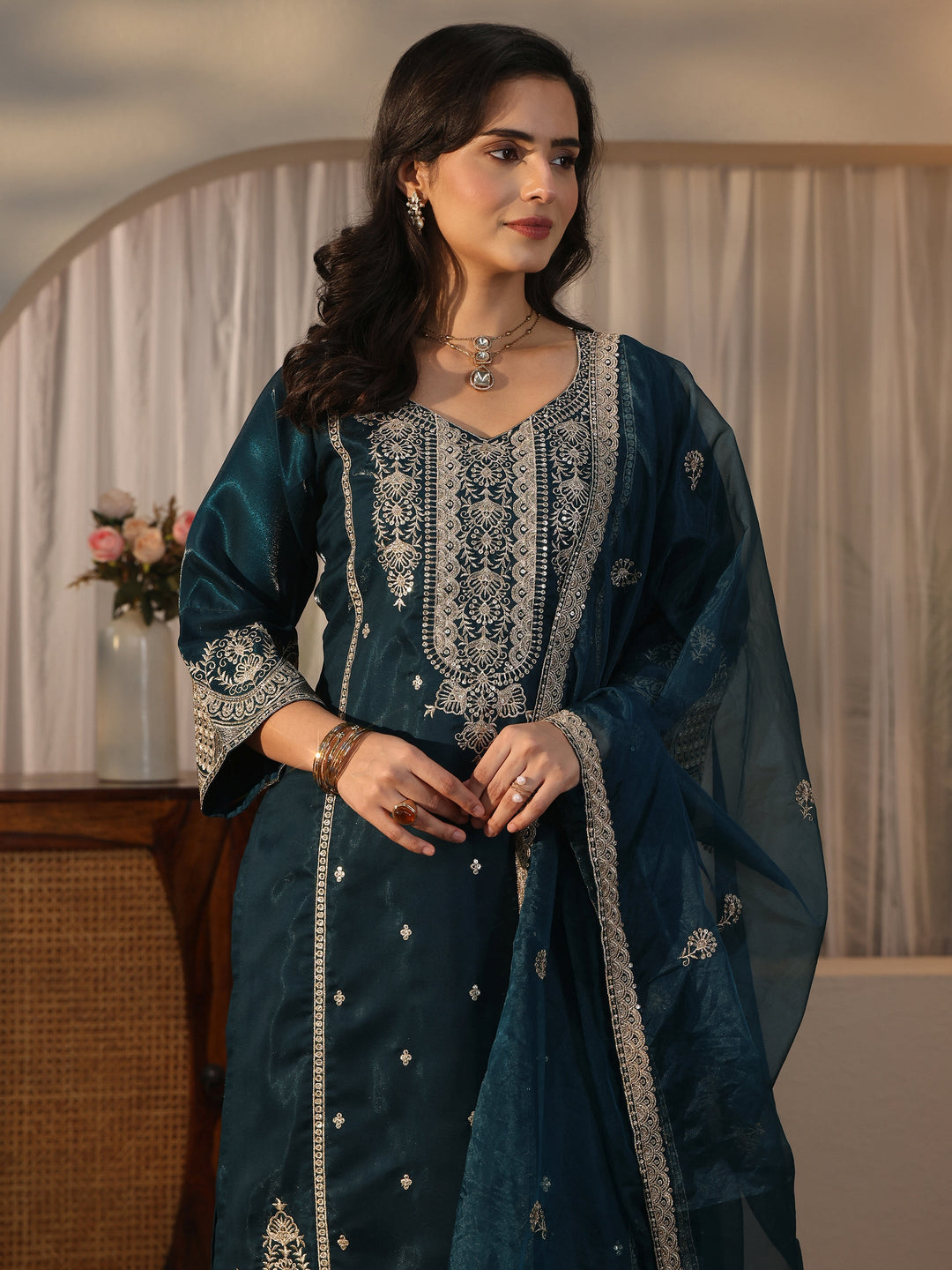 Libas Art Teal Blue Embroidered Crepe Palazzo Suit Set