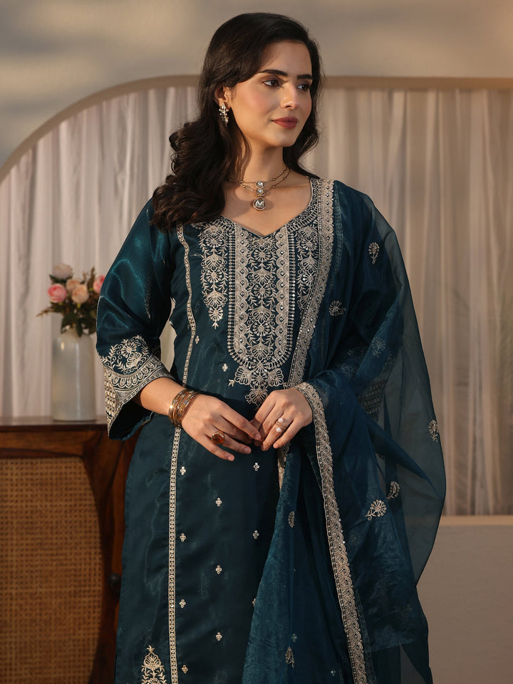Libas Art Teal Blue Embroidered Crepe Palazzo Suit Set