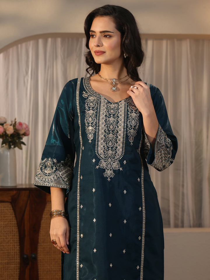Libas Art Teal Blue Embroidered Crepe Palazzo Suit Set